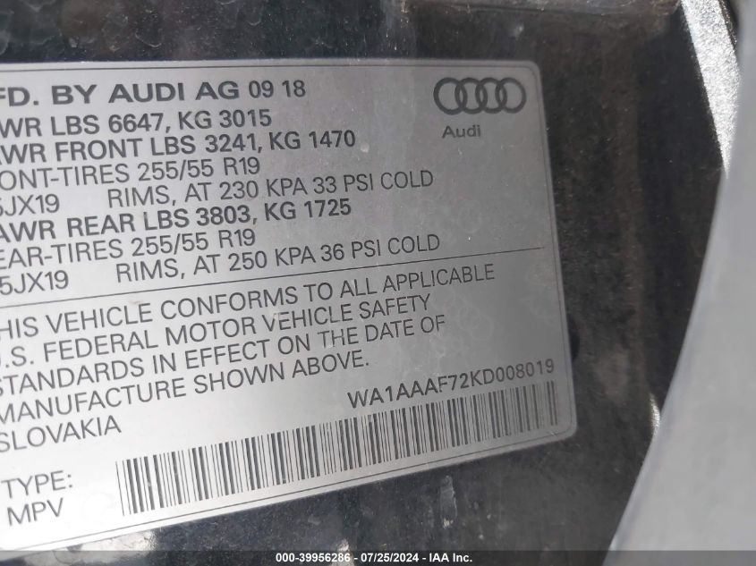 2019 Audi Q7 55 Premium/55 Se Premium VIN: WA1AAAF72KD008019 Lot: 39956286