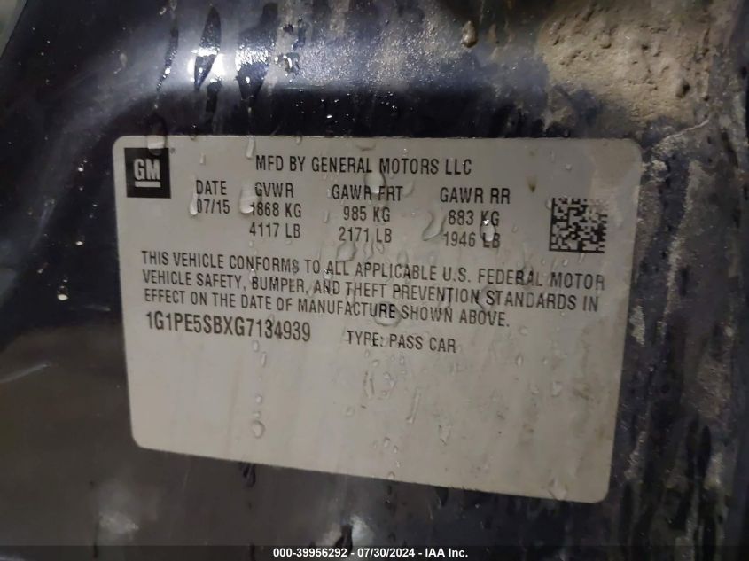2016 Chevrolet Cruze Limited 1Lt Auto VIN: 1G1PE5SBXG7134939 Lot: 39956292
