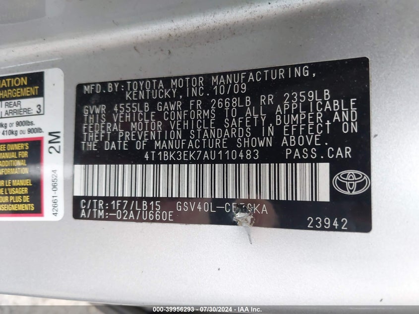 2010 Toyota Camry Se V6 VIN: 4T1BK3EK7AU110483 Lot: 39956293