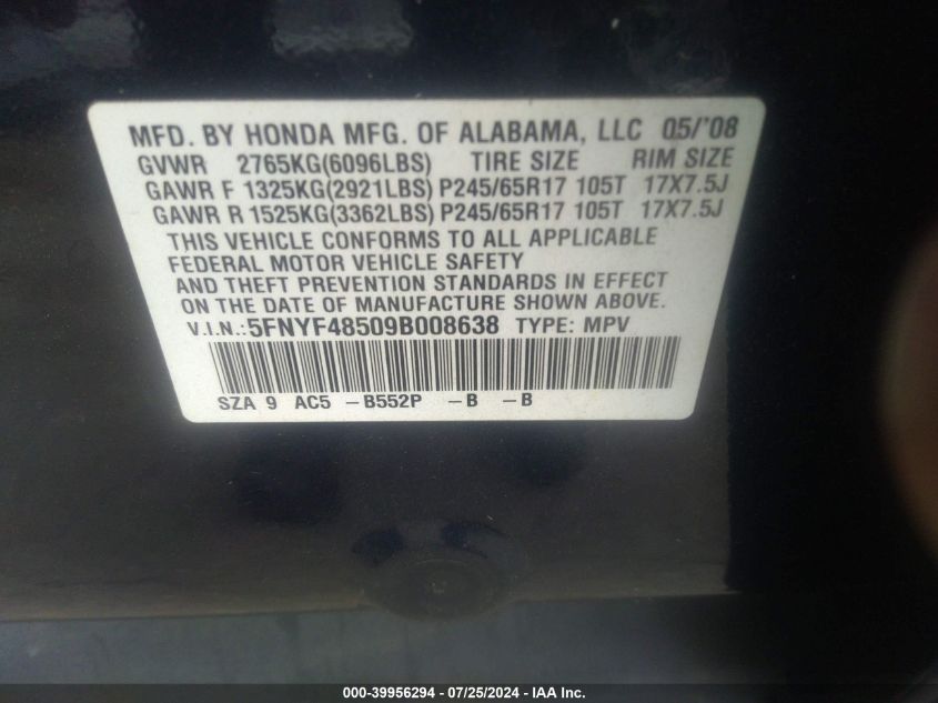 2009 Honda Pilot Exl VIN: 5FNYF48509B008638 Lot: 39956294