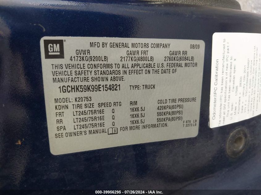 2009 Chevrolet Silverado 2500Hd Lt VIN: 1GCHK59K99E154821 Lot: 39956295