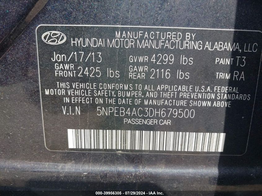 2013 Hyundai Sonata Gls VIN: 5NPEB4AC3DH679500 Lot: 39956305
