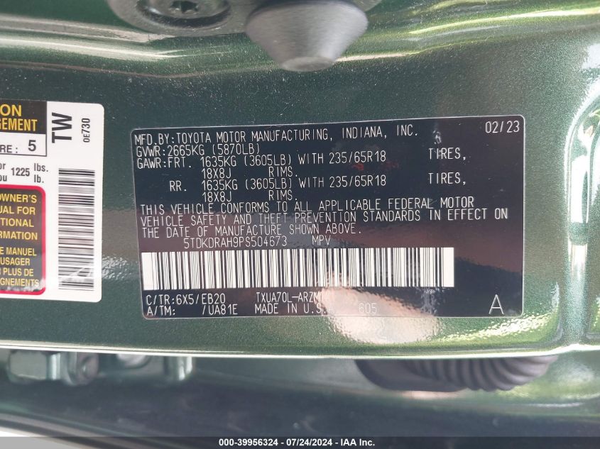 2023 Toyota Highlander Xle VIN: 5TDKDRAH9PS504673 Lot: 39956324