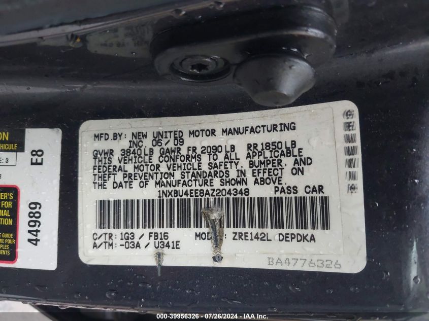 2010 Toyota Corolla S/Le/Xle VIN: 1NXBU4EE8AZ204348 Lot: 39956326