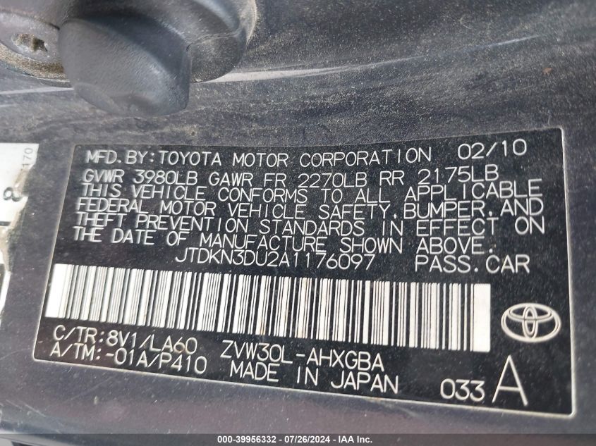 2010 Toyota Prius I/Ii/Iii/Iv/V VIN: JTDKN3DU2A1176097 Lot: 39956332