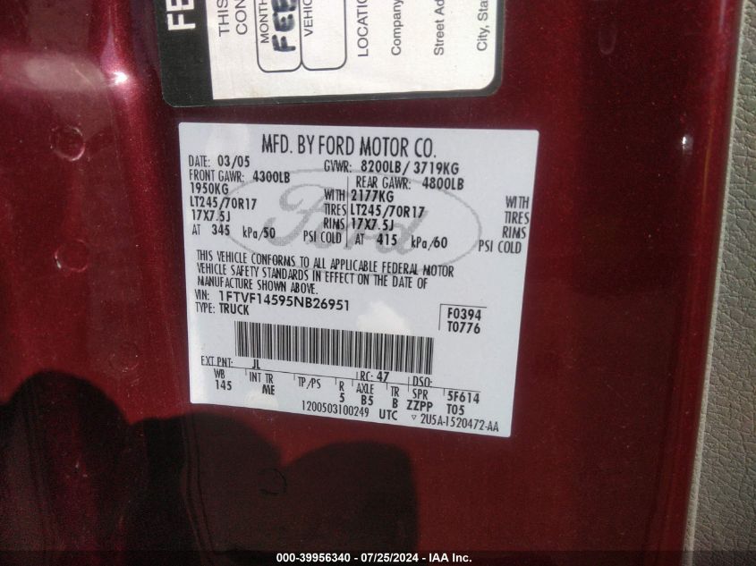 2005 Ford F-150 Fx4/Xl/Xlt VIN: 1FTVF14595NB26951 Lot: 39956340
