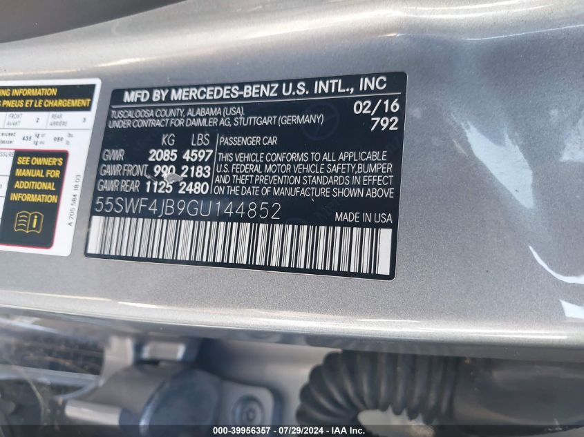 2016 Mercedes-Benz C 300 Luxury/Sport VIN: 55SWF4JB9GU144852 Lot: 39956357