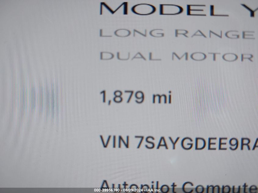 2024 Tesla Model Y Long Range Dual Motor All-Wheel Drive VIN: 7SAYGDEE9RA237269 Lot: 39956390