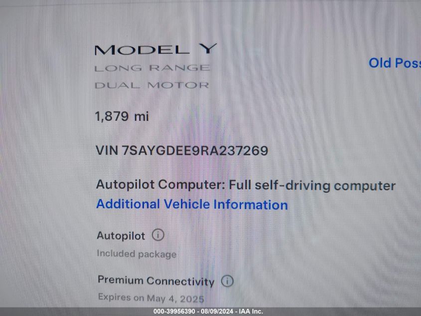 2024 Tesla Model Y Long Range Dual Motor All-Wheel Drive VIN: 7SAYGDEE9RA237269 Lot: 39956390