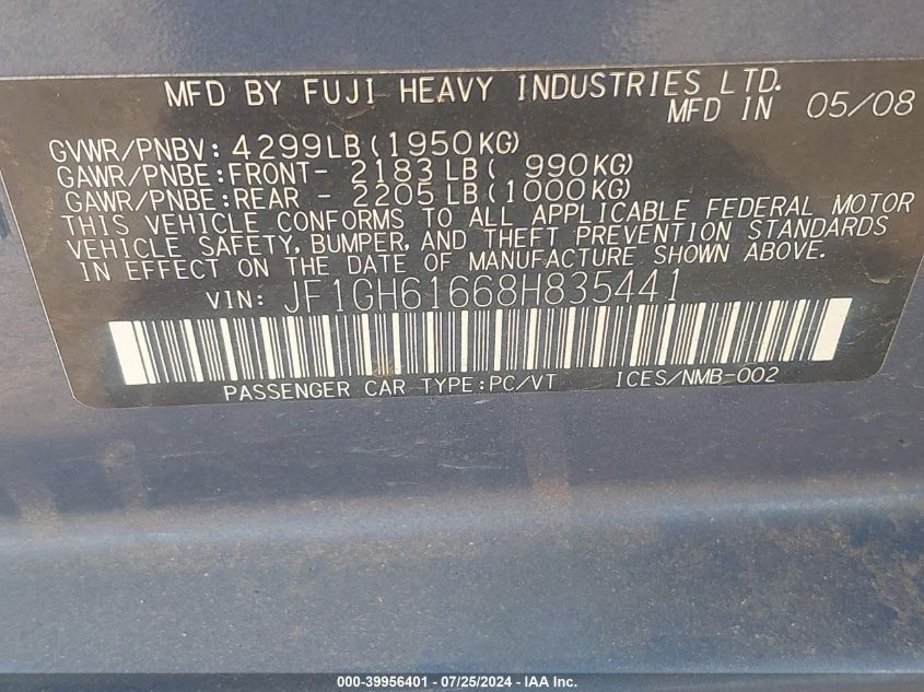 2008 Subaru Impreza 2.5I VIN: JF1GH61668H835441 Lot: 39956401