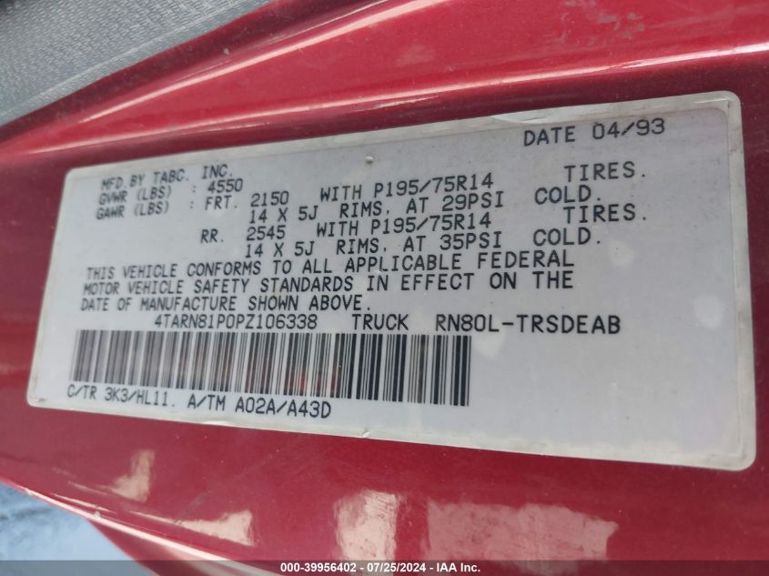 1993 Toyota Pickup 1/2 Ton Short Whlbse Dx VIN: 4TARN81P0PZ106338 Lot: 39956402