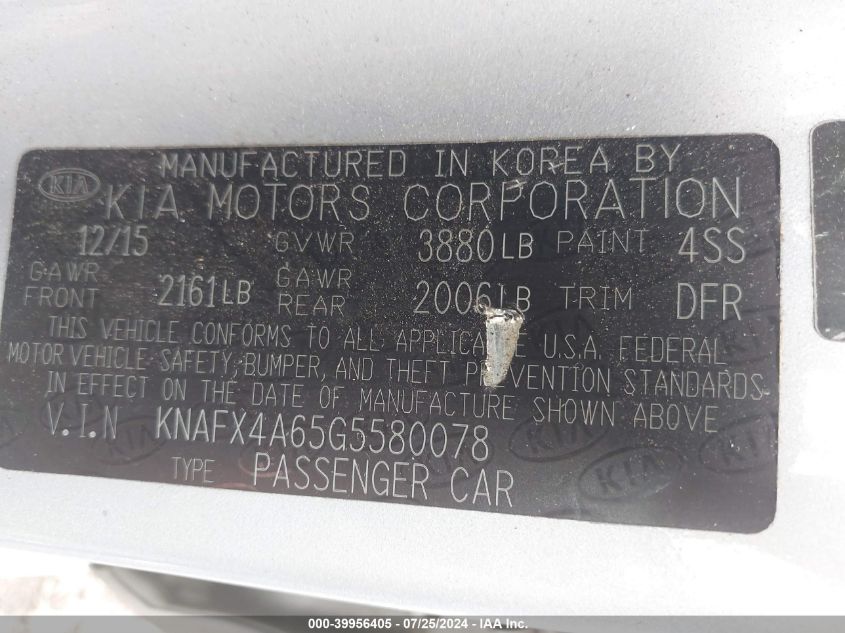 2016 Kia Forte Lx VIN: KNAFX4A65G5580078 Lot: 39956405