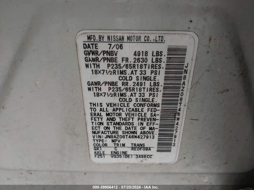 2006 Nissan Murano S VIN: JN8AZ08T46W427913 Lot: 39956412