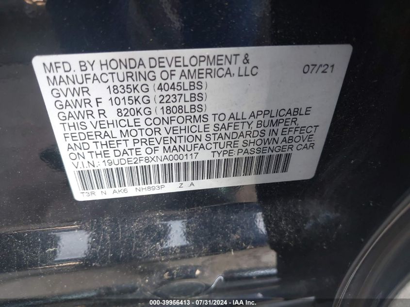 2022 Acura Ilx Premium A-Spec Packages/Technology A-Spec Packages VIN: 19UDE2F8XNA000117 Lot: 39956413