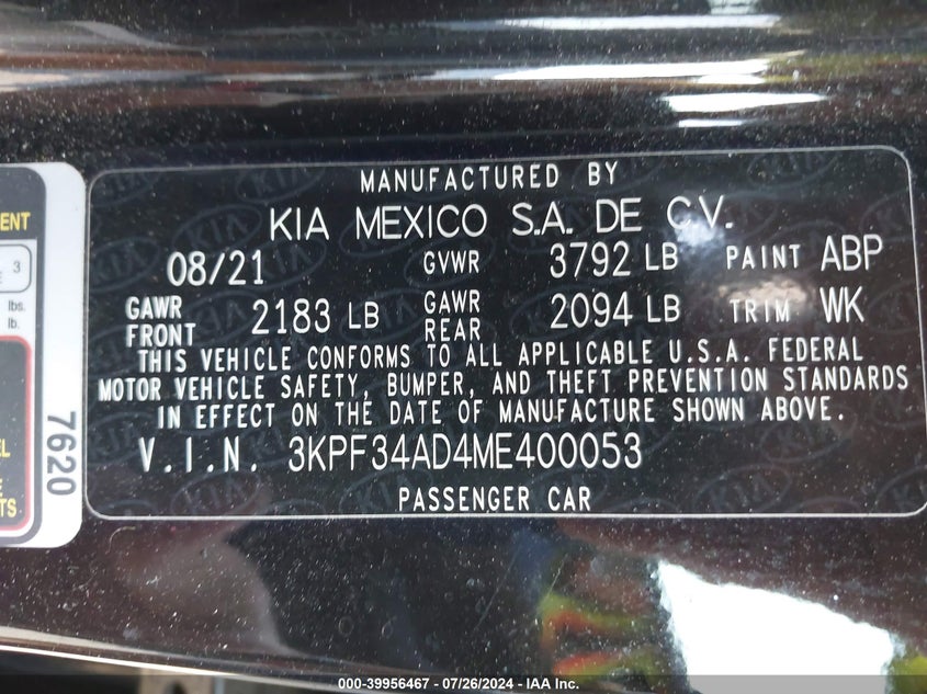 2021 KIA FORTE GT LINE - 3KPF34AD4ME400053