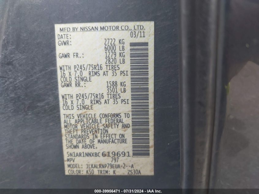 2011 Nissan Pathfinder S/Le/Se VIN: 5N1AR1NNXBC619691 Lot: 39956471