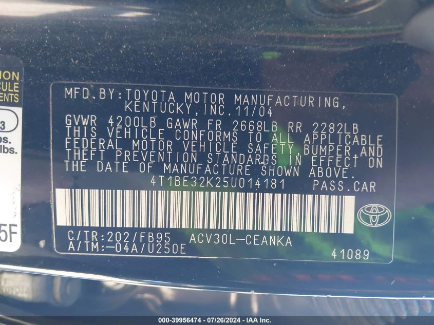 2005 Toyota Camry Le/Xle/Se VIN: 4T1BE32K25U014181 Lot: 39956474