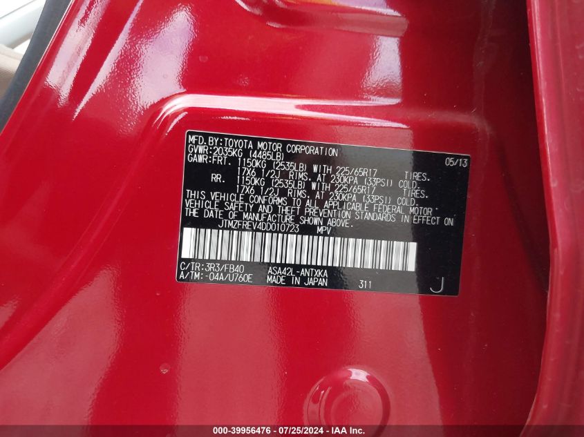 2013 Toyota Rav4 Le VIN: JTMZFREV4DD010723 Lot: 39956476