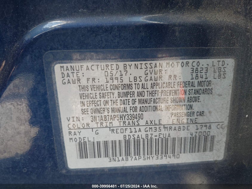 2017 Nissan Sentra S VIN: 3N1AB7AP5HY339490 Lot: 39956481