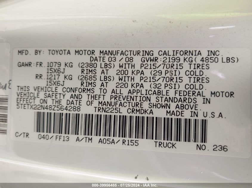 2008 Toyota Tacoma VIN: 5TETX22N48Z564288 Lot: 39956485