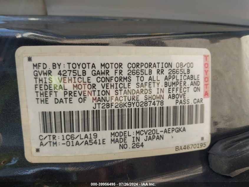 2000 Toyota Camry Le/Xle VIN: JT2BF28K9Y0287478 Lot: 39956495