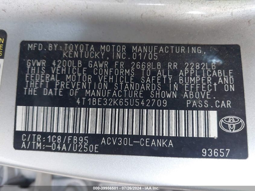 2005 Toyota Camry Le/Se/Std/Xle VIN: 4T1BE32K65U542709 Lot: 39956501