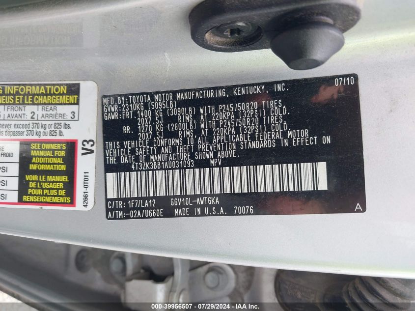 2010 Toyota Venza Base V6 VIN: 4T3ZK3BB1AU031093 Lot: 39956507