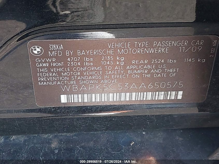 2010 BMW 328I xDrive VIN: WBAPK5C53AA650575 Lot: 39956519