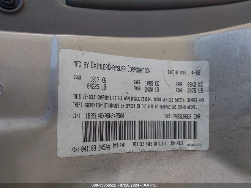 2006 Dodge Stratus Sxt VIN: 1B3EL46X06N242504 Lot: 39956522