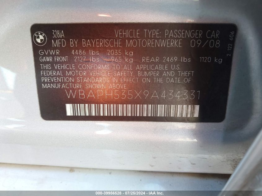 2009 BMW 328I VIN: WBAPH535X9A434331 Lot: 39956528