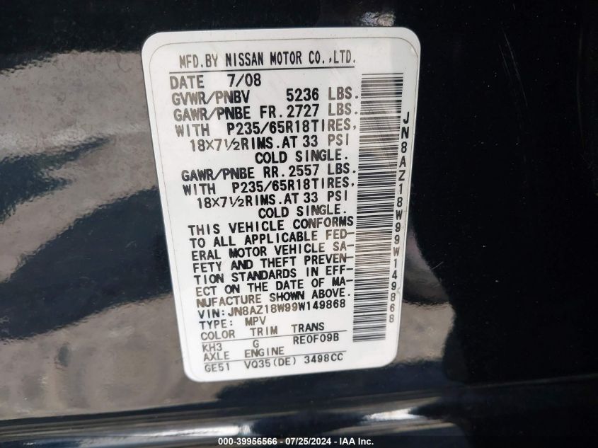 2009 Nissan Murano S VIN: JN8AZ18W99W149868 Lot: 39956566