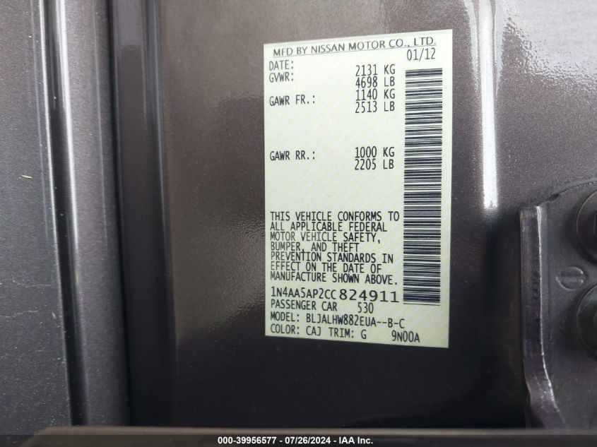 2012 Nissan Maxima 3.5 Sv VIN: 1N4AA5AP2CC824911 Lot: 39956577