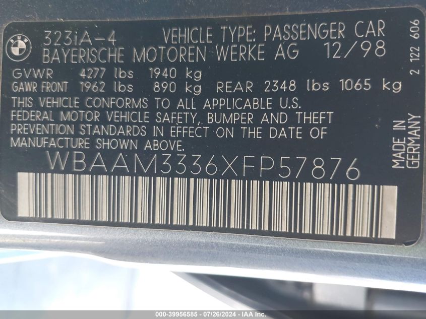 1999 BMW 323I VIN: WBAAM3336XFP57876 Lot: 39956585