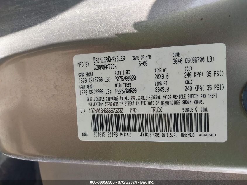 2006 Dodge Ram 1500 Slt VIN: 1D7HA18N66S675232 Lot: 39956586