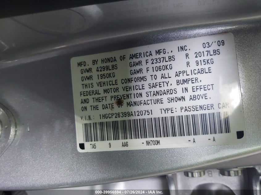 2009 Honda Accord 2.4 Lx VIN: 1HGCP26399A120751 Lot: 39956594