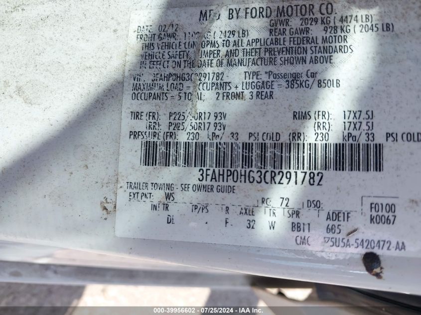 2012 Ford Fusion Se VIN: 3FAHP0HG3CR291782 Lot: 39956602