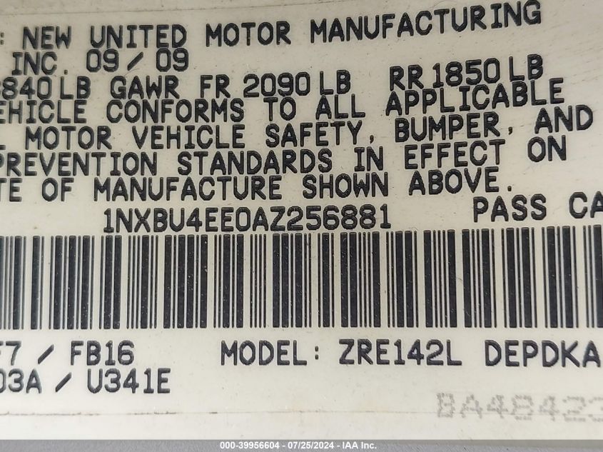 2010 Toyota Corolla VIN: 1NXBU4EE0AZ256881 Lot: 39956604