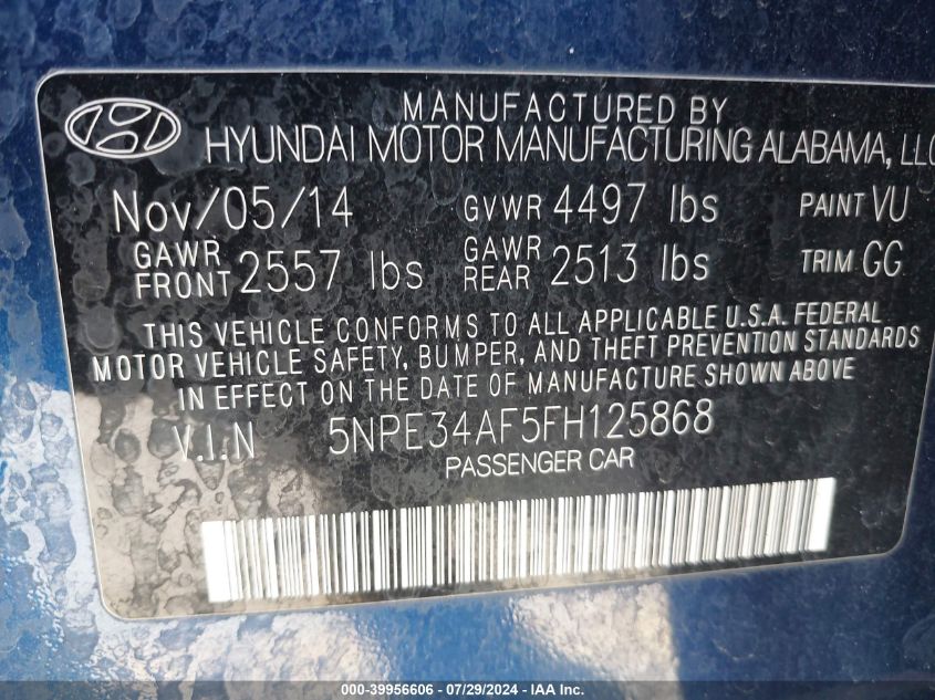 2015 Hyundai Sonata Sport VIN: 5NPE34AF5FH125868 Lot: 39956606