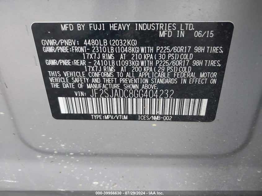 2016 Subaru Forester 2.5I Premium VIN: JF2SJADC8GG404232 Lot: 39956630