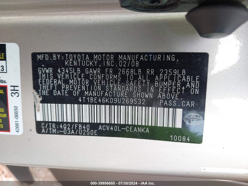 2009 Toyota Camry Le/Se/Xle VIN: 4T1BE46K09U269532 Lot: 39956655