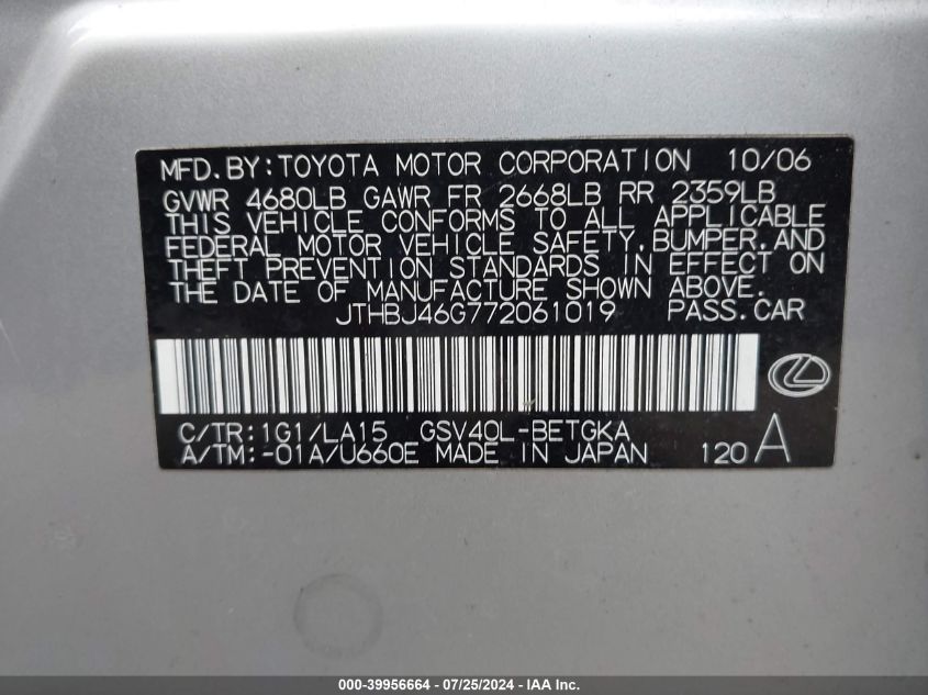 2007 Lexus Es 350 VIN: JTHBJ46G772061019 Lot: 39956664
