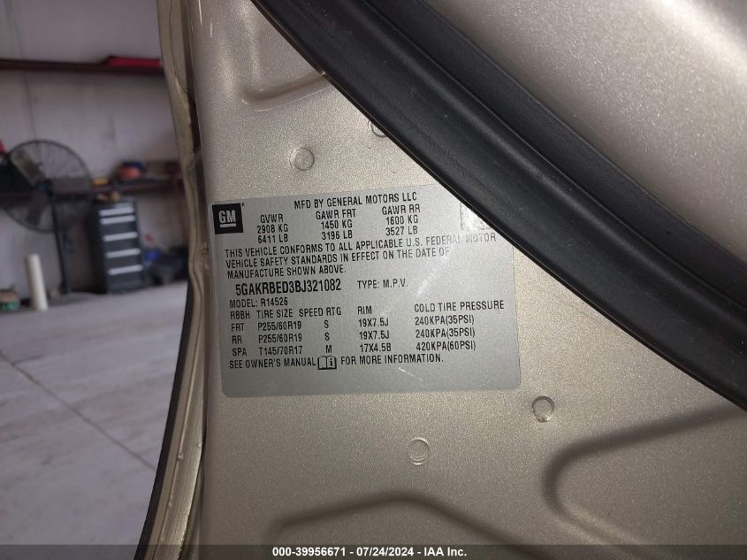 2011 Buick Enclave 1Xl VIN: 5GAKRBED3BJ321082 Lot: 39956671