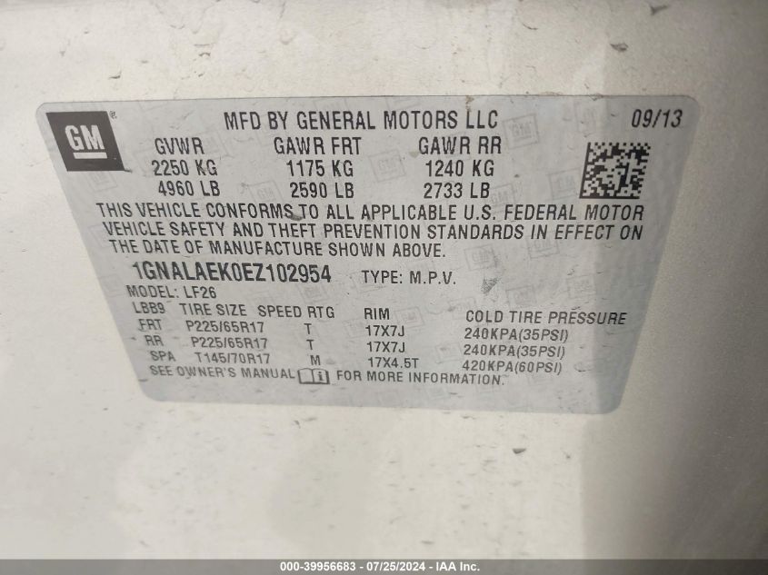 2014 Chevrolet Equinox Ls VIN: 1GNALAEK0EZ102954 Lot: 39956683