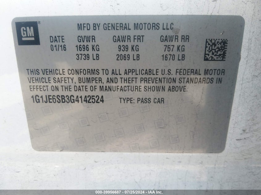 2016 Chevrolet Sonic Ltz Auto VIN: 1G1JE6SB3G4142524 Lot: 39956687