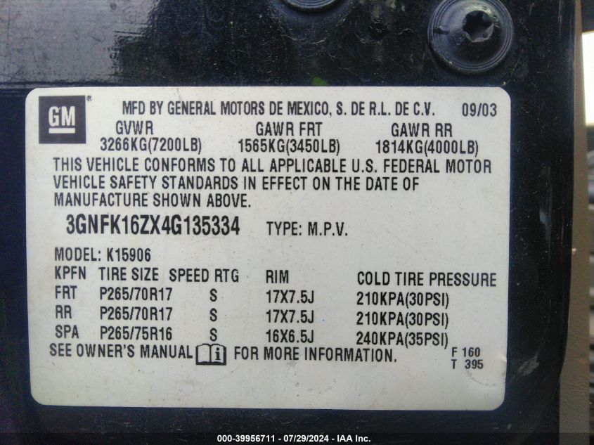 2004 Chevrolet Suburban 1500 Z71 VIN: 3GNFK16ZX4G135334 Lot: 39956711