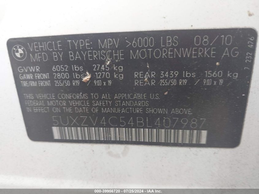2011 BMW X5 xDrive35I VIN: 5UXZV4C54BL407987 Lot: 39956720