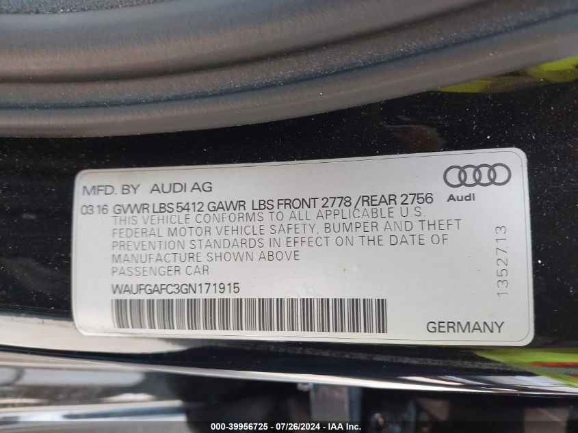 2016 Audi A6 Premium Plus VIN: WAUFGAFC3GN171915 Lot: 39956725