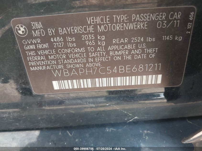 2011 BMW 328 I VIN: WBAPH7C54BE681211 Lot: 39956756