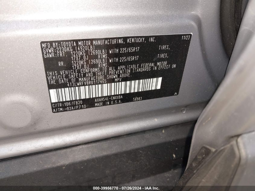 2024 Toyota Rav4 Hybrid Le VIN: 4T3LWRFV8RU117465 Lot: 39956770