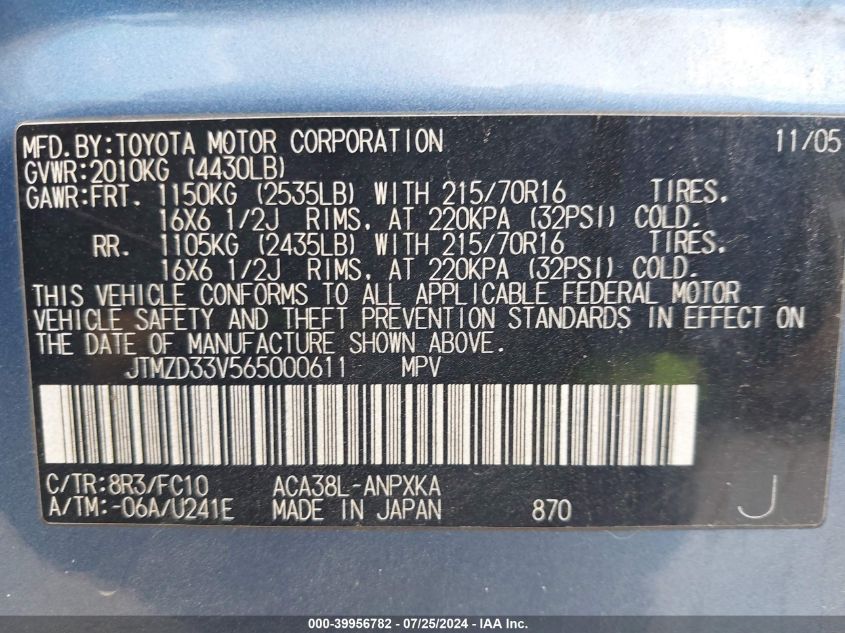 2006 Toyota Rav4 VIN: JTMZD33V565000611 Lot: 39956782